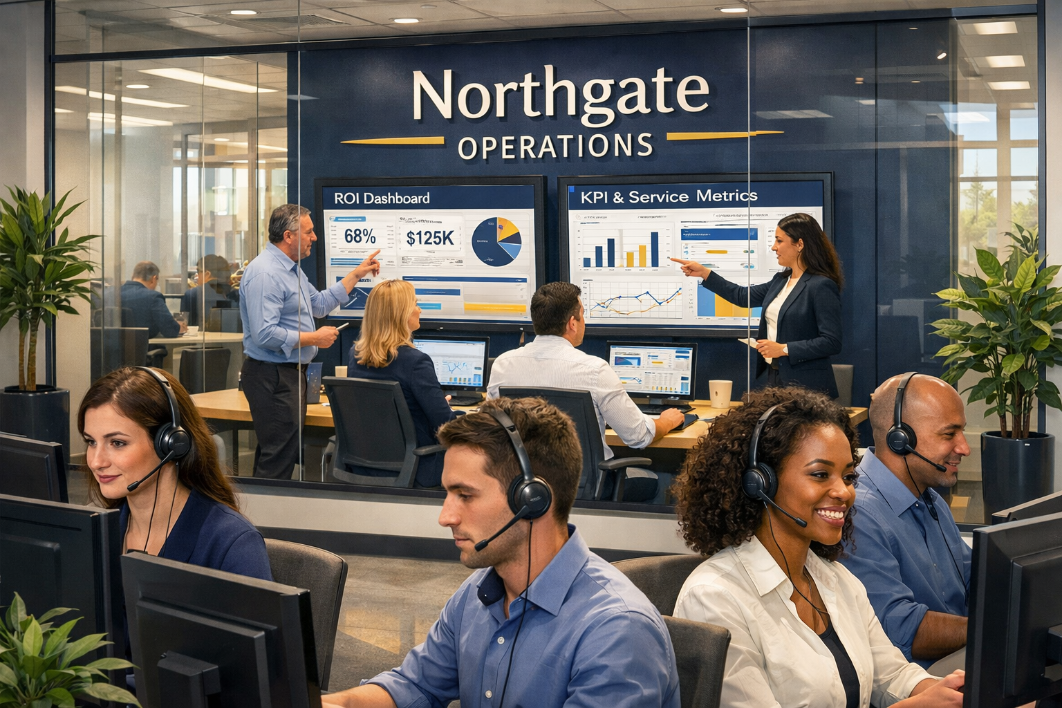 A sophisticated modern office with glass walls bright and inviting featuring people inside collaborating over large digital screens displaying ROI das-Mar-25-2026-05-22-32-5938-AM